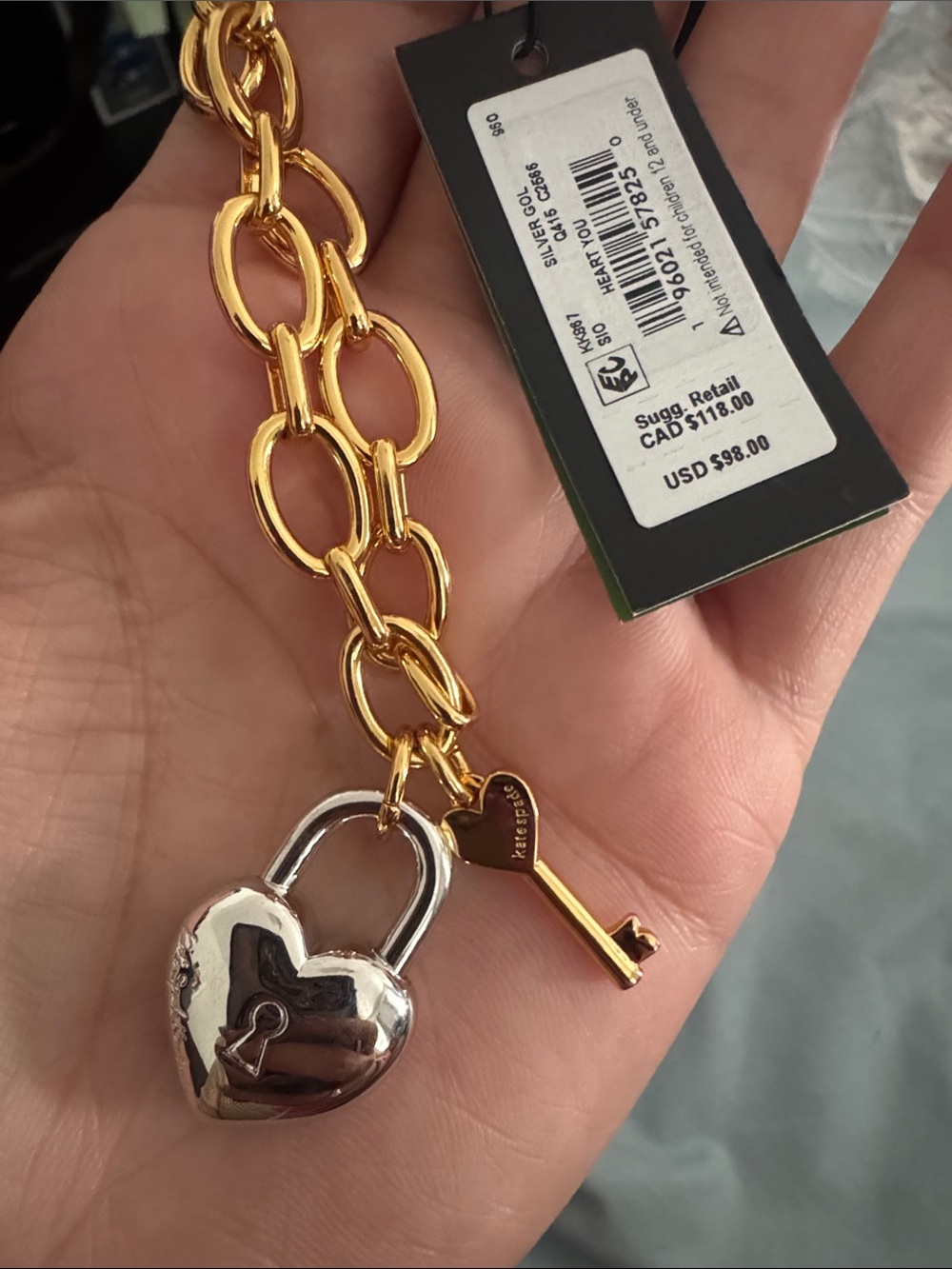 Kate Spade Heart You Charm Bracelet Gold Bracelet with Silver Heart Lock NEW - Picture 8 of 10